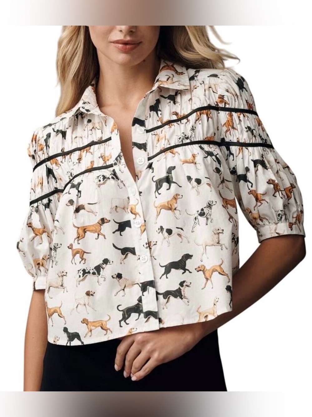 Anthropologie Maeve The Leandra Shirred Yoke Cotton Dog Print Blouse